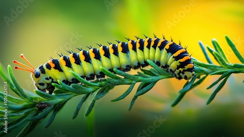 Butterfly Caterpillar on Forest Plant: Macro Shot of Papilio Machaon Larvae in Nature
