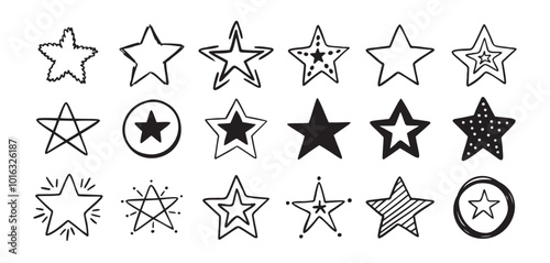 Hand drawn doodle stars set. different drawing stars isolated on white background.