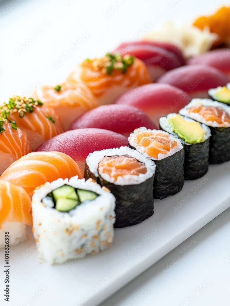 A variety of sushi rolls and sashimi displayed on a white slate plate. The rolls with salmon, tuna, avocado, and cucumber. close up, light background. sushi and sashimi set. A variety of sushi rolls and sashimi displayed on a white slate plate. The rolls with salmon, tuna, avocado, and cucumber. close up, light background. sushi and sashimi set.
