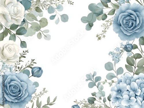 Fototapeta Naklejka Na Ścianę i Meble -  2408 38.A romantic collection of dusty blue flowers and eucalyptus branches, rendered in soft watercolor and framed in elegant vector borders. The design highlights hand-painted roses and hydrangeas,