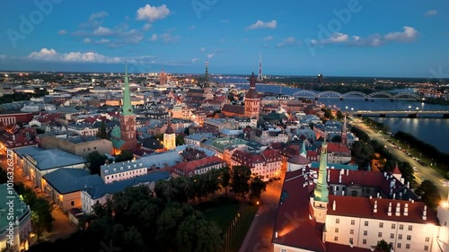 Aerial view of the Riga Old Town at sunset in Latvia.