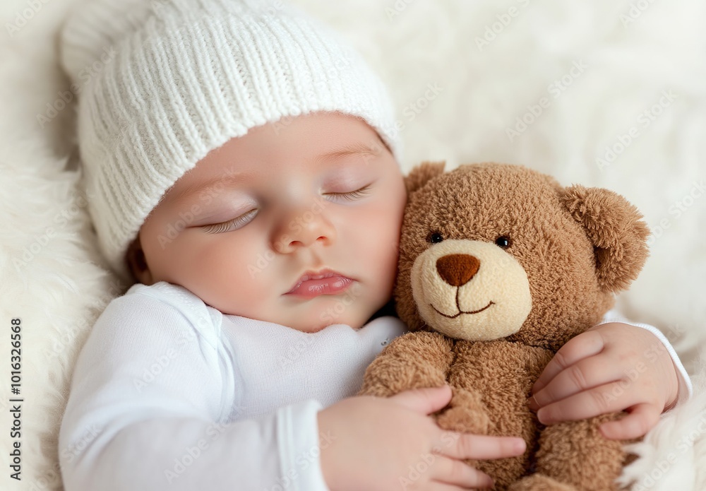 A calm newborn baby napping peacefully with a teddy bear companion A calm newborn baby napping peacefully with a teddy bear companion