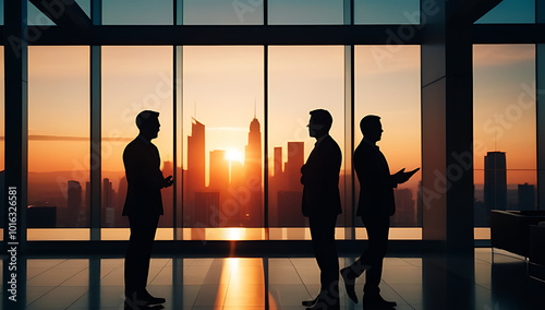 silhouettes businesspeople office sunset cityscape urban corporate illustration