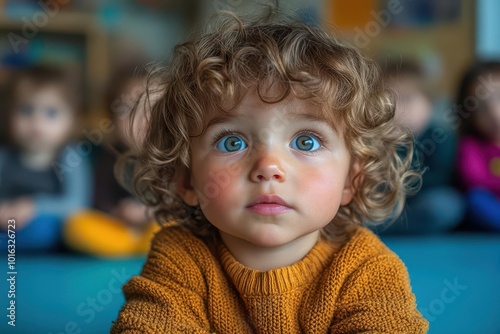 diverse group of curious toddlers sitting in a colorful classroom eyes wide with wonder as they focus on their animated teacher