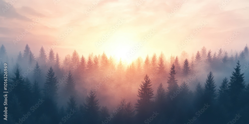 Fototapeta premium Serene forest landscape at sunrise, featuring misty trees and soft light illuminating the horizon.