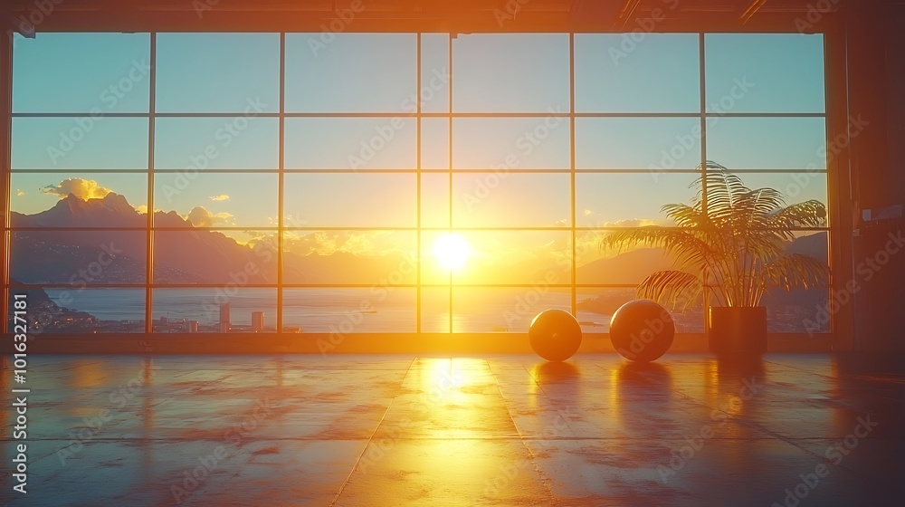 Fototapeta premium Chic Minimalist Home Gym with Scenic Sunset View