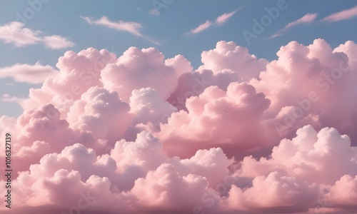 Fluffy pink clouds in a pastel sky