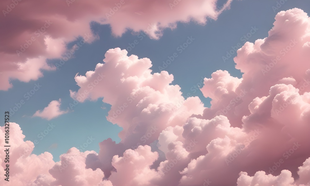 Fototapeta premium Fluffy pink clouds in a pastel sky