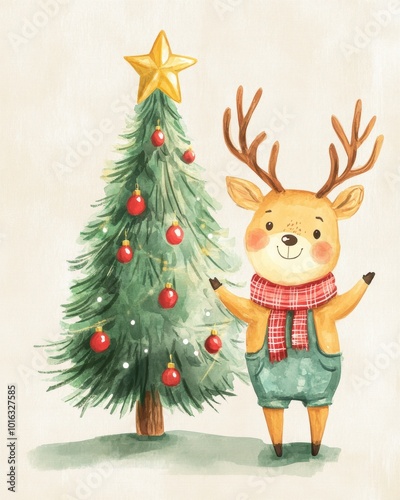 Cute Christmas tree, cute deer in overalls with a scarf hanging on the Christmas tree