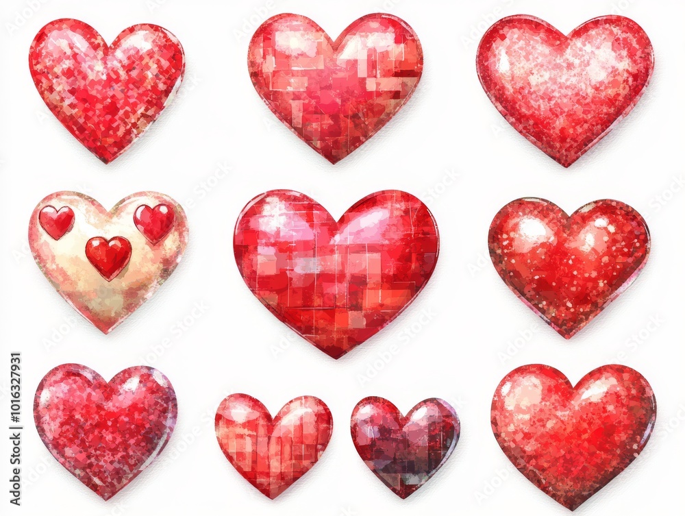 2408 73.A diverse collection of red hearts in various artistic styles, including a pixelated heart, a watercolor-painted heart, and a hand-sketched heart with rough edges. The set also includes