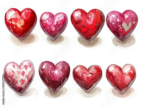 2408 73.A diverse collection of red hearts in various artistic styles, including a pixelated heart, a watercolor-painted heart, and a hand-sketched heart with rough edges. The set also includes photo