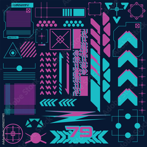 cyberpunk y2k 2000s gaming futuristic icon pattern  set collection template hud for branding fashion t-shirt decoration decals, 2d illustration rendering vector 