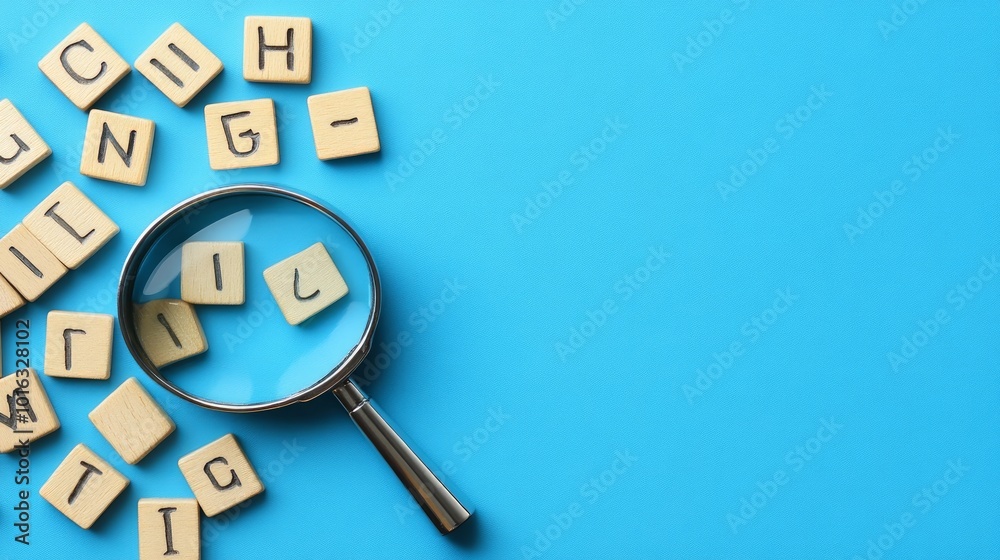 A magnifying glass is placed on a blue background with wooden letter tiles. The magnifying glass is focused on a tile with the letter A magnifying glass is placed on a blue background with wooden letter tiles. The magnifying glass is focused on a tile with the letter
