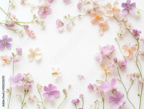 2408 80.A close-up macro shot of tiny wildflowers with soft pastel hues, their petals delicately arranged to create a whimsical border design. The flowers rest gently against a white background, photo