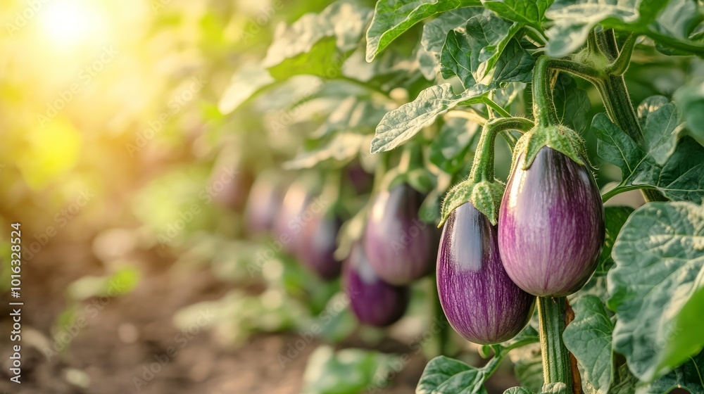 Close-up of ripe purple eggplants growing on a vine in a garden. Close-up of ripe purple eggplants growing on a vine in a garden.