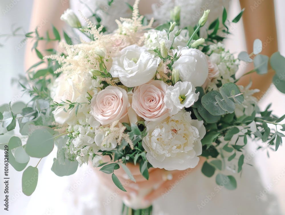 Obraz premium 2408 89.A close-up of a beautifully arranged wedding bouquet, featuring soft pink roses, white peonies, and delicate eucalyptus leaves. The bride holds the bouquet gently, with soft light