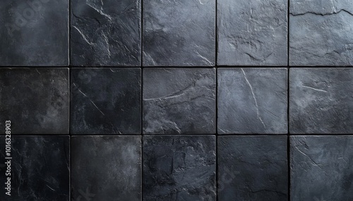 A close-up of a wall tiled with dark gray square tiles.