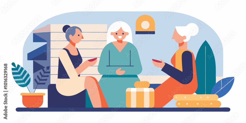 Fototapeta premium Minimalist abstract illustration of elderly women engaged in conversation and connection