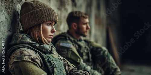 Two soldiers in camouflage gear resting against a wall, showcasing resilience and strength in a military environment.