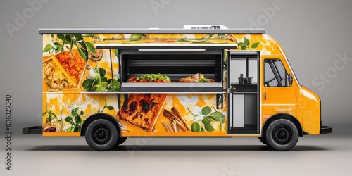 Vibrant food truck featuring delicious dishes and colorful design, perfect for culinary events and street food experiences.