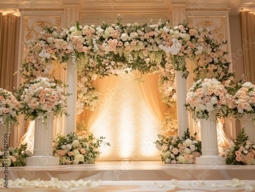 2408 111.A wedding stage set against a soft, illuminated backdrop with intricate floral arrangements in shades of white, peach, and green. The flowers cascade down pillars and archways, with elegant