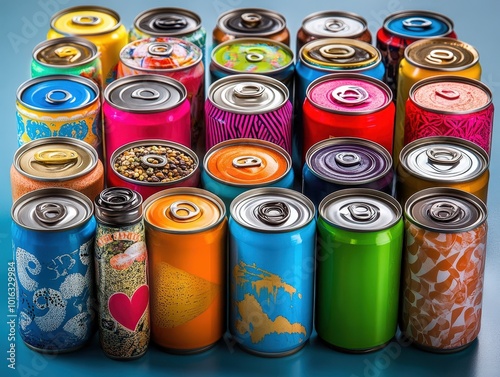 An eye-catching display of vividly colored tin cans, each adorned with intricate designs, showcasing a striking presentation of various cultural and artistic themes. photo