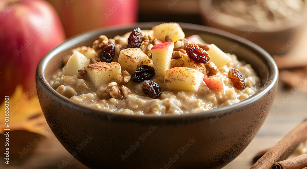 Bowl of overnight oats with diced apples, raisins, and a hint of cinnamon, topped with chopped walnuts Set against a background of an autumn themed kitchen. Bowl of overnight oats with diced apples, raisins, and a hint of cinnamon, topped with chopped walnuts Set against a background of an autumn themed kitchen.