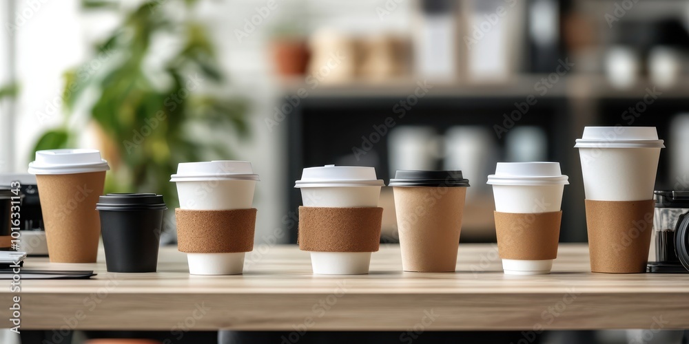 A collection of coffee cups on a wooden table, showcasing a variety of sizes and styles in a cozy cafe setting. A collection of coffee cups on a wooden table, showcasing a variety of sizes and styles in a cozy cafe setting.