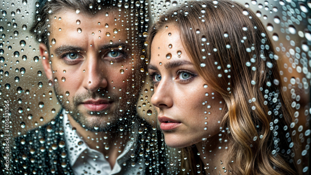 man and woman behind glass in raindrops man and woman behind glass in raindrops