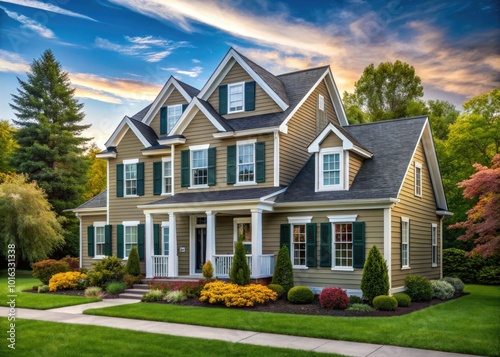 Luxury Colonial Home with Gable and Vinyl Siding in American Neighborhood