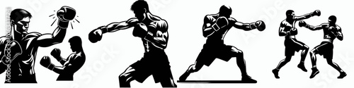 Vector Four silhouettes depict dynamic boxing poses, showcasing striking actions and athleticism in a black-and-white style.