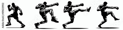 Dynamic silhouettes of boxers in various poses, showcasing movement and athleticism in a striking, monochrome visual.