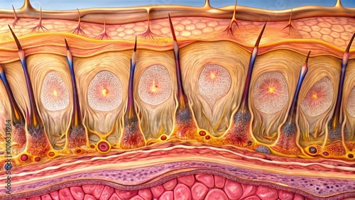Macro image of human hair follicle and surrounding skin tissue, showcasing hair shaft, sebaceous gland, and epidermal layers in precise anatomical detail. photo