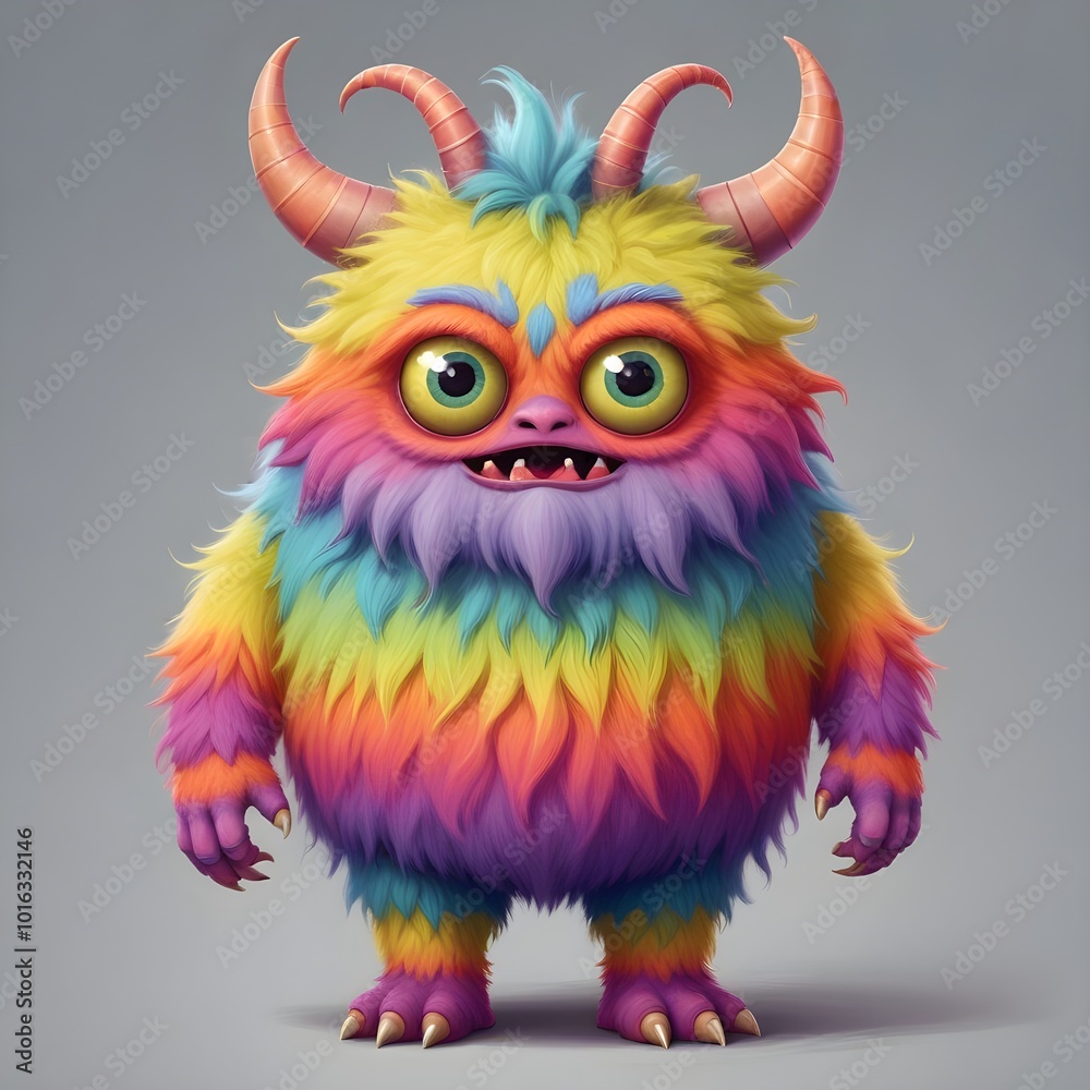 Fototapeta premium A colorful, fluffy monster with large eyes and horns, standing against a plain gray background
