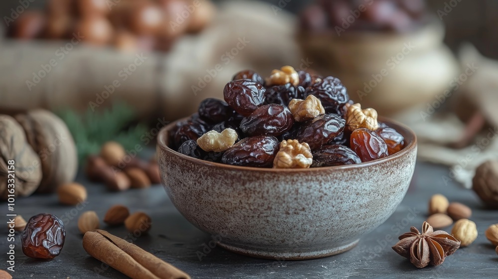 Close-up of a bowl of dried dates with walnuts and other nuts around it. Close-up of a bowl of dried dates with walnuts and other nuts around it.