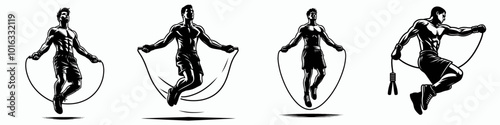 The image features four dynamic silhouettes of individuals jumping rope, showcasing athleticism and fitness in a stylized, monochromatic design.