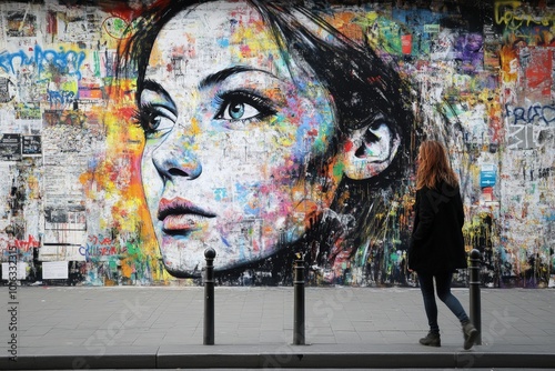 A lively mural of a woman's thoughtful face in vibrant colors adorns a layered wall filled with graffiti and posters, capturing urban art culture. photo