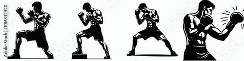 Four stylized silhouettes of a boxer in various poses, showcasing form, technique, and athleticism in the sport of boxing.