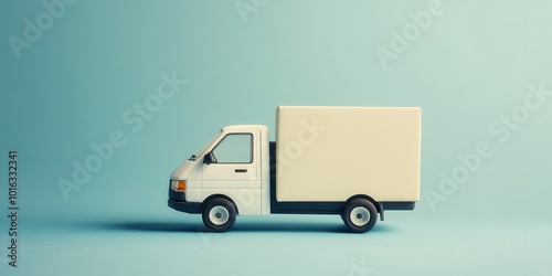 A detailed close-up of a white delivery truck against a pastel blue background. Ideal for logistics and transport themes.