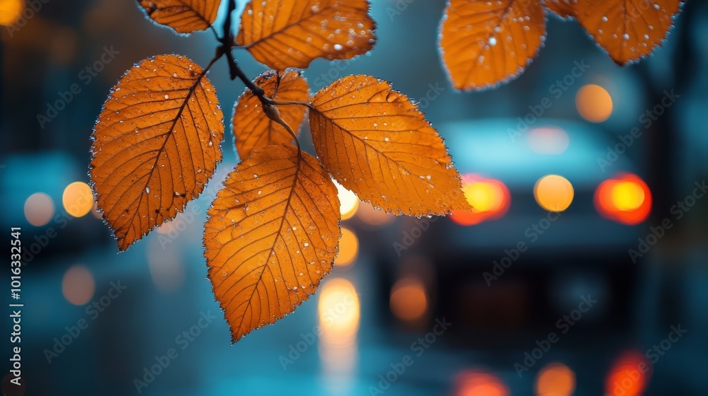 Close-up of wet, orange leaves on a branch with a blurred background of city lights and car tail lights. Close-up of wet, orange leaves on a branch with a blurred background of city lights and car tail lights.