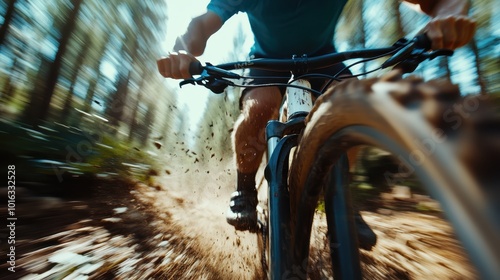 An action-packed image of a cyclist speeding through a muddy forest trail, capturing the high energy, skill, and thrill associated with off-road biking adventures. photo