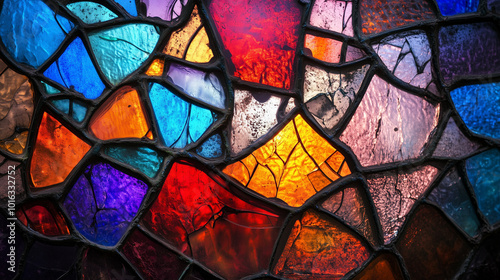 Colorful stained glass with intricate cracks