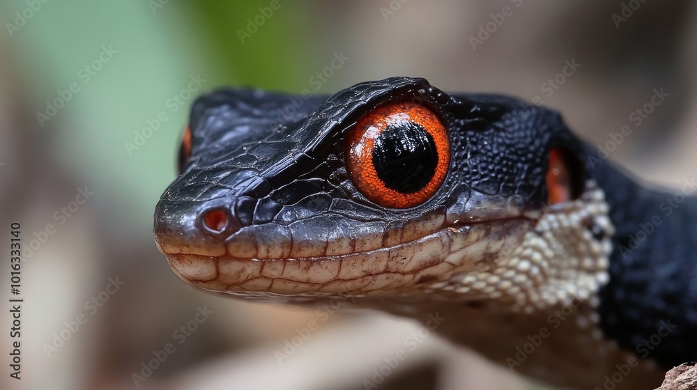 Fototapeta premium Close-up portrait of a black lizard with bright red eyes, looking directly at the camera.