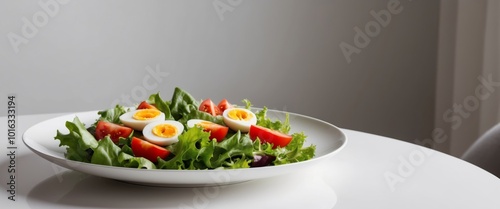 Fresh lettuce salad featuring boiled eggs as well as tomatoes cut on slices served on white rounded plate. photo