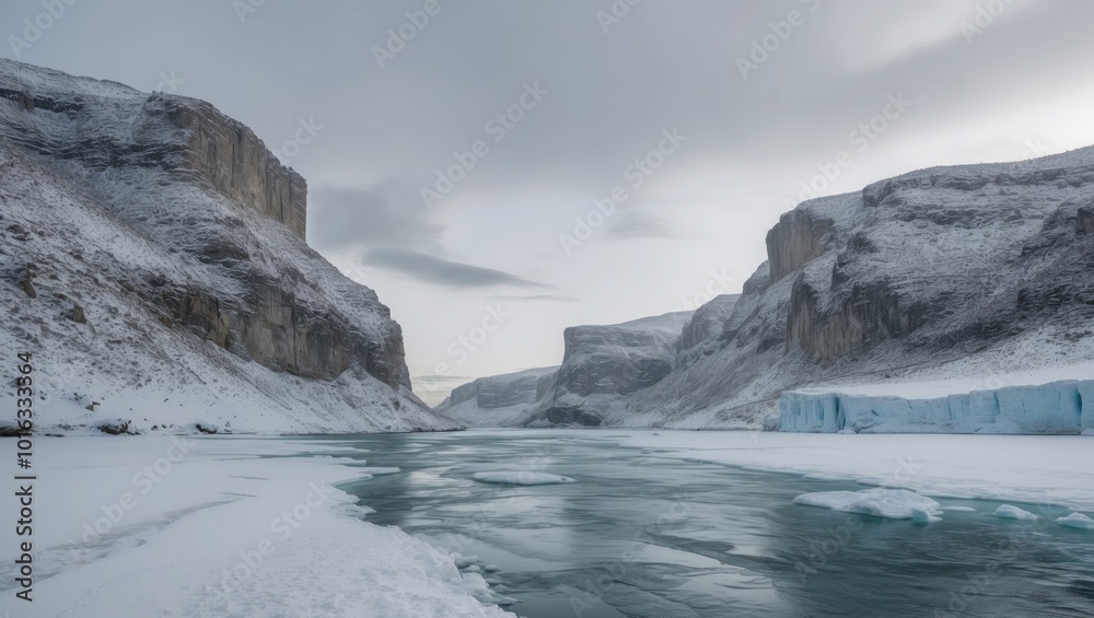 Frozen river landscape with dramatic cliffs under a cloudy sky in winter. Frozen river landscape with dramatic cliffs under a cloudy sky in winter.