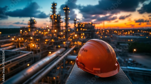 safety helmet perched on a railing, with the sprawling network of pipes and tanks of an oil refinery stretching into the distance, bathed in the eerie glow of nighttime industrial lighting photo