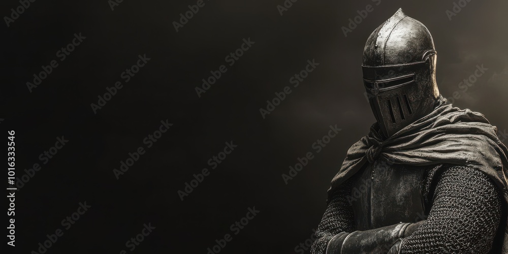 Fototapeta premium A medieval knight in armor, standing confidently against a dark background, embodying strength and valor.