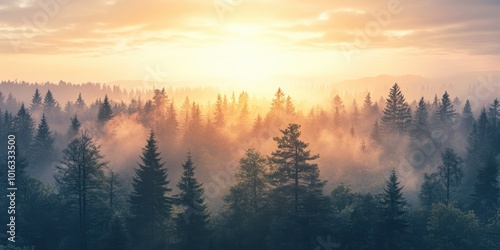 A majestic sunrise over a dense forest, casting ethereal light on misty treetops, creating a serene and tranquil atmosphere.