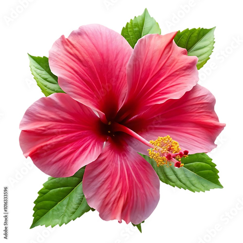 Vibrant pink hibiscus flower, large detailed petals, deep red center, yellow stamen, bright green leaves, botanical illustration, transparent background