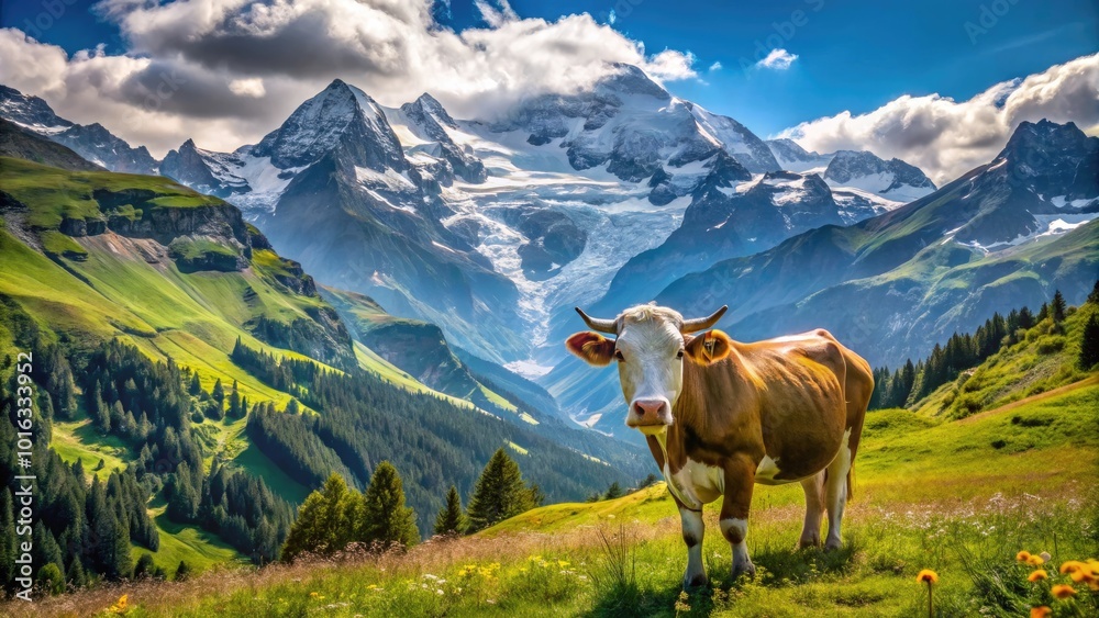 Majestic Jungfrau and Swiss Alps Scenic View with Cow Sculpture in Murren, Bernese Oberland, Switzerland Majestic Jungfrau and Swiss Alps Scenic View with Cow Sculpture in Murren, Bernese Oberland, Switzerland